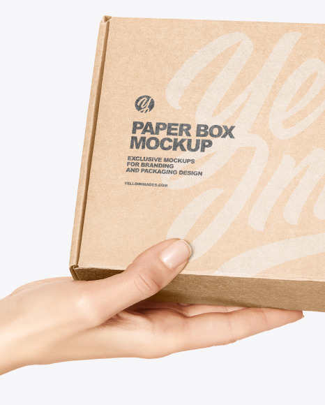 Download Paper Box In A Hand Mockup In Box Mockups On Yellow Images Object Mockups PSD Mockup Templates