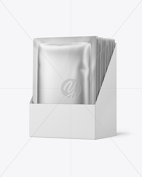 Download Metallic Sachets In Display Box Mockup In Sachet Mockups On Yellow Images Object Mockups PSD Mockup Templates