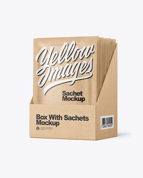 Download Kraft Paper Sachets In Display Box Mockup In Sachet Mockups On Yellow Images Object Mockups PSD Mockup Templates