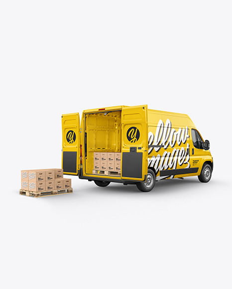 Download Panel Van Mockup Back Half Side View W Boxes In Vehicle Mockups On Yellow Images Object Mockups PSD Mockup Templates