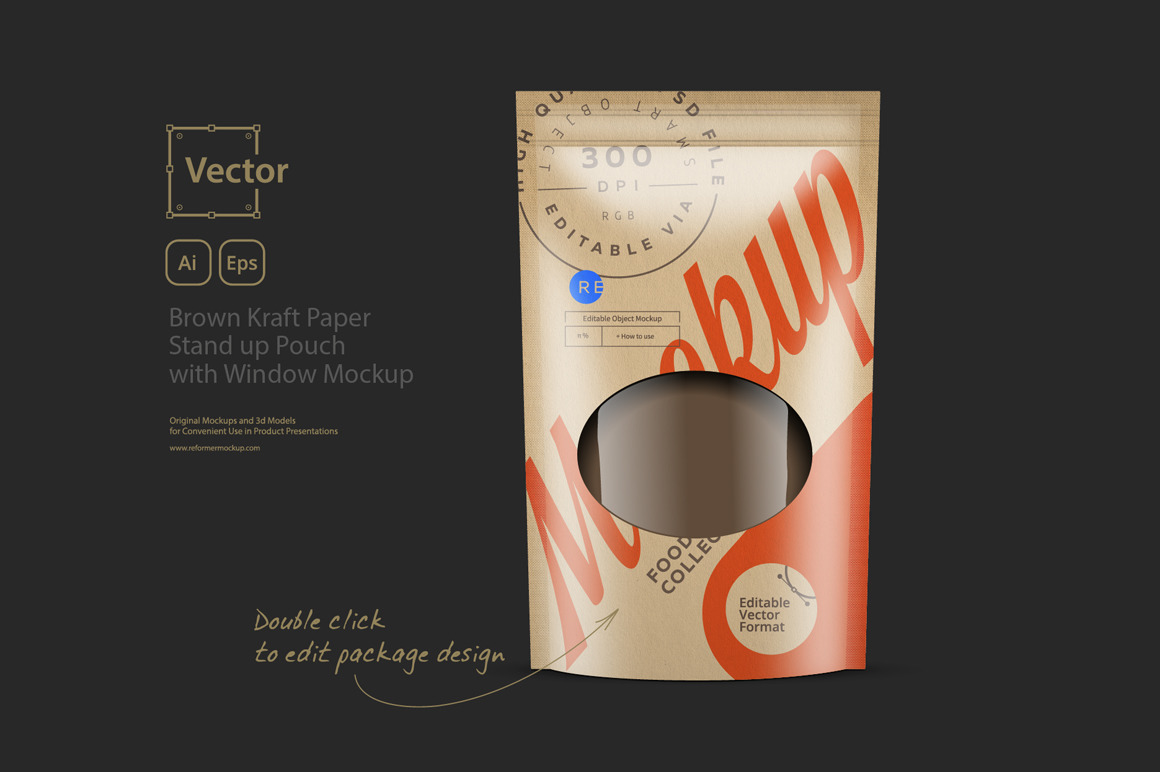 Download Brown Kraft Paper Stand Up Pouch With Window Mockup In Packaging Mockups On Yellow Images Creative Store