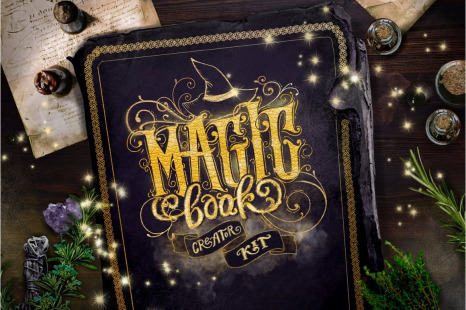 Download Magic Book Creator Kit In Brushes On Yellow Images Creative Store PSD Mockup Templates