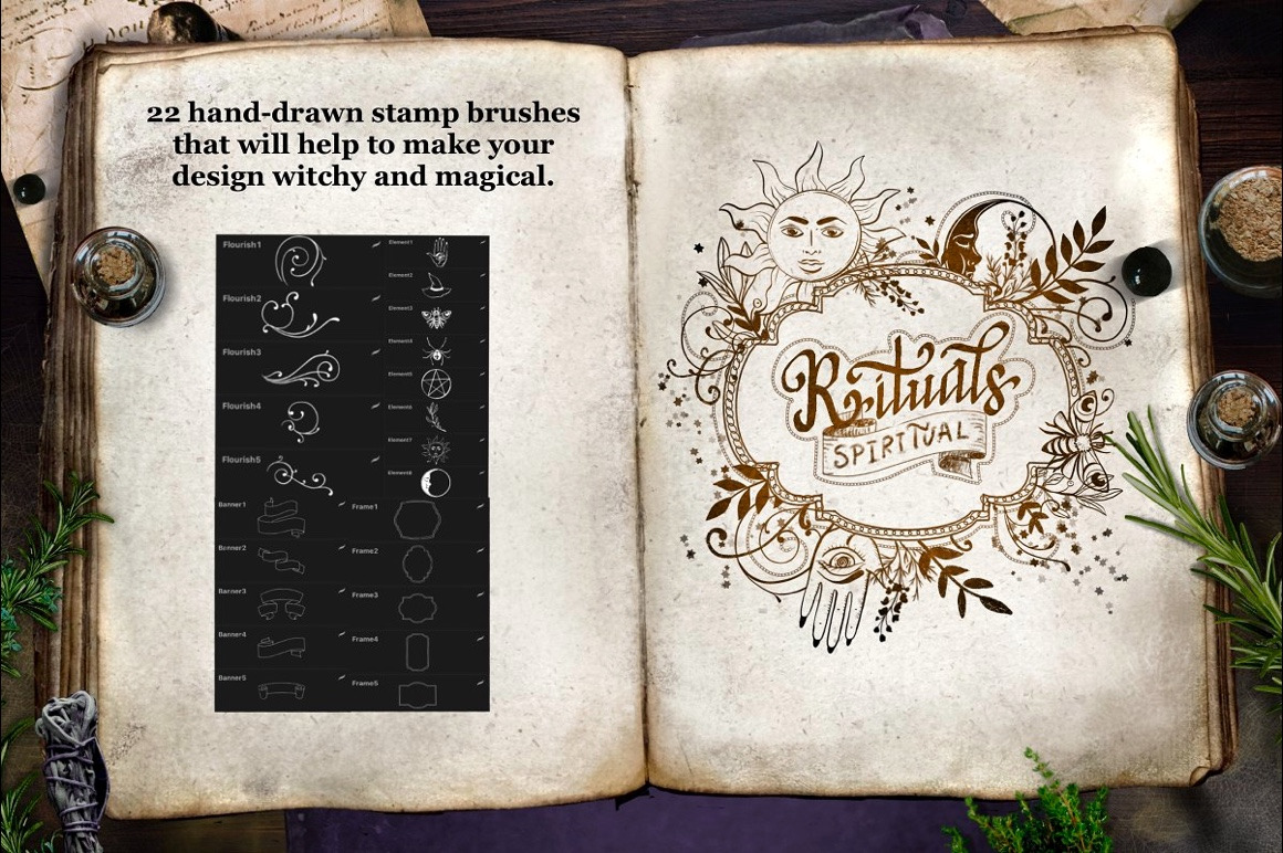 Download Magic Book Creator Kit In Brushes On Yellow Images Creative Store PSD Mockup Templates