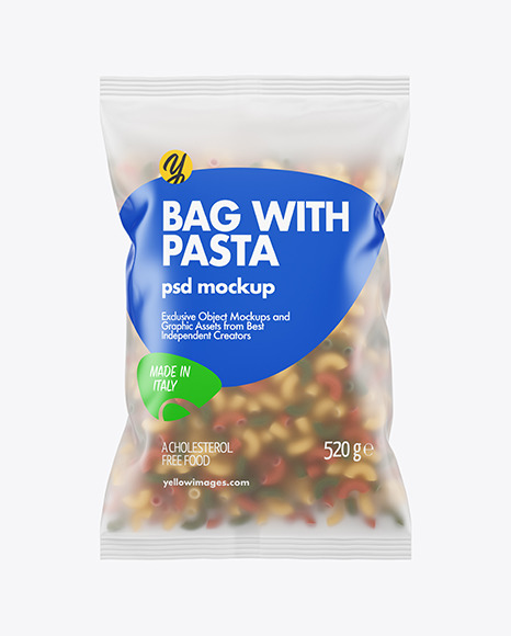 Frosted Plastic Bag With Tricolor Chifferini Rigati Pasta Mockup In Bag Sack Mockups On Yellow Images Object Mockups