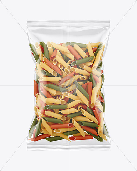 Plastic Bag With Tricolor Penne Pasta Mockup In Bag Sack Mockups On Yellow Images Object Mockups