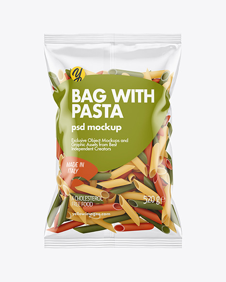 Plastic Bag With Tricolor Penne Pasta Mockup In Bag Sack Mockups On Yellow Images Object Mockups