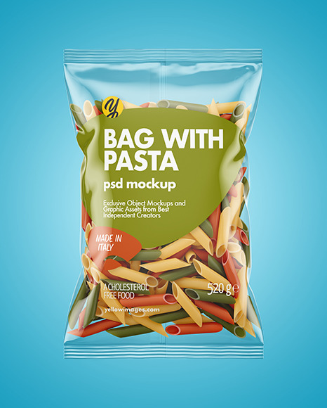 Plastic Bag With Tricolor Penne Pasta Mockup In Bag Sack Mockups On Yellow Images Object Mockups