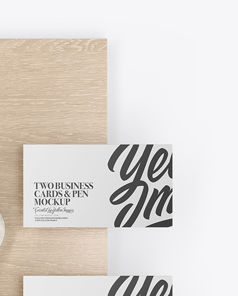 Download Two Business Cards Pen With Wood Mockup In Stationery Mockups On Yellow Images Object Mockups PSD Mockup Templates