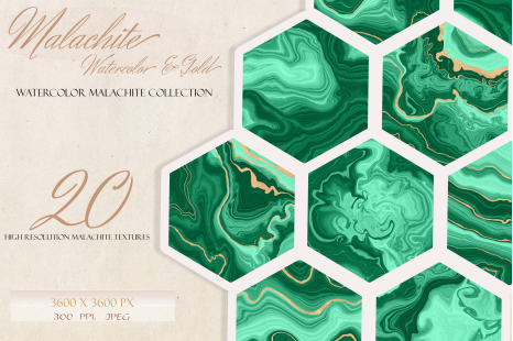 Malachite &amp; Gold Textures, Set of 20 Watercolor Geode Textures with Golden Veins