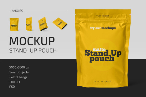 Matte Stand Up Pouch Mockup Set In Packaging Mockups On Yellow Images Creative Store