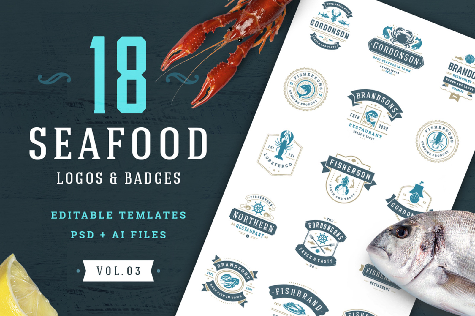 18 Seafood Logos Badges In Logo Templates On Yellow Images Creative Store