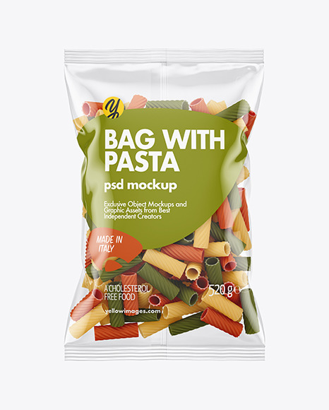 Plastic Bag With Tricolor Tortiglioni Pasta Mockup In Bag Sack Mockups On Yellow Images Object Mockups