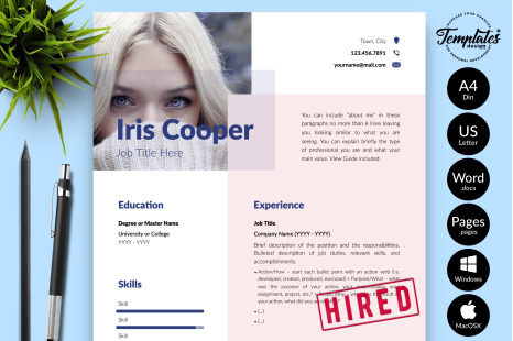Modern Resume Template for Microsoft Word &amp; Apple Pages // Iris Cooper CV Design Template