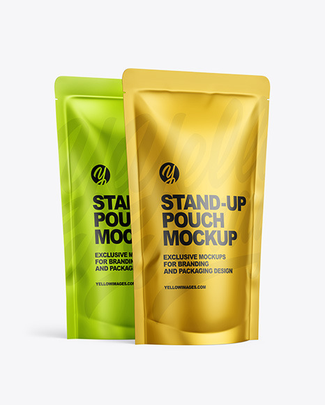 Two Metallic Stand Up Pouches Mockup In Pouch Mockups On Yellow Images Object Mockups