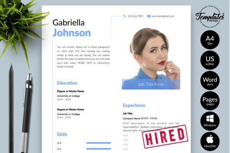 Creative Resume Template for Microsoft Word &amp; Apple Pages // Gabriella Johnson CV Design Template