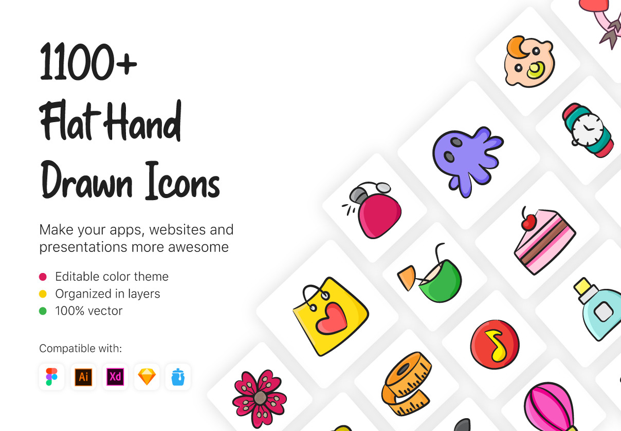 1100+ Flat Hand Drawn Icons on Yellow Images Creative Store