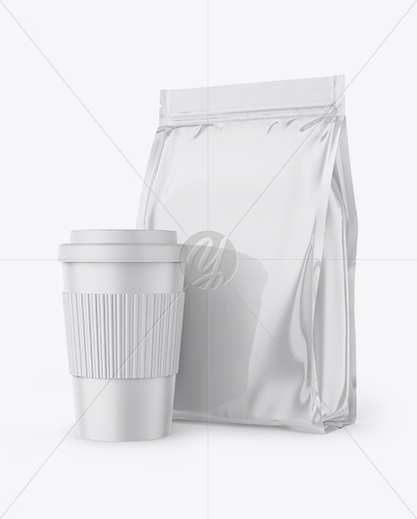 Download Glossy Stand Up Bag With Coffee Cup Mockup In Bag Sack Mockups On Yellow Images Object Mockups PSD Mockup Templates