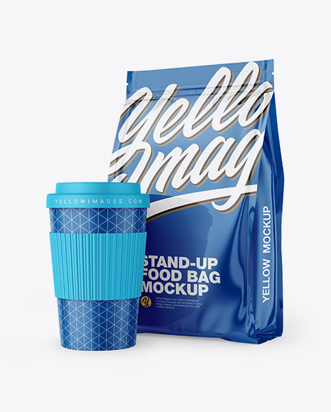 Glossy Stand Up Bag With Coffee Cup Mockup In Bag Sack Mockups On Yellow Images Object Mockups