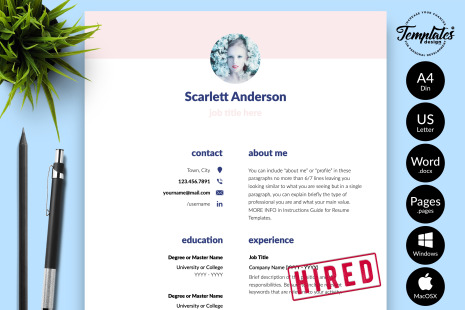 Creative Resume Template for Microsoft Word &amp; Apple Pages // Scarlett Anderson CV Design Template