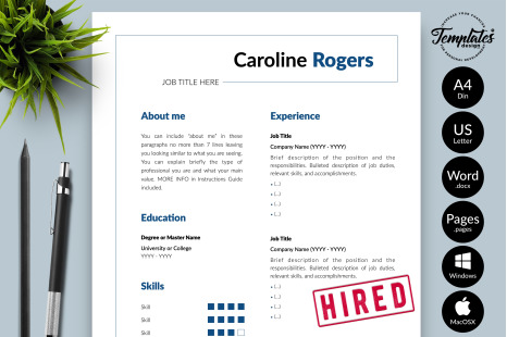 Modern Resume Template for Microsoft Word &amp; Apple Pages // Caroline Rogers CV Design Template