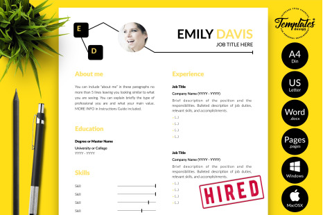 Creative Resume Template for Microsoft Word &amp; Apple Pages // Emily  Davis CV Design Template