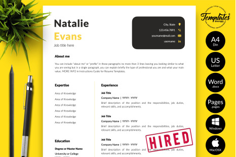 Simple Resume Template for Microsoft Word &amp; Apple Pages // Natalie Evans CV Design Template