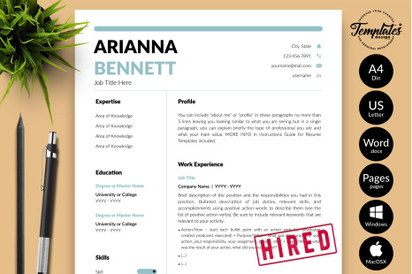 Simple Resume Template for Microsoft Word &amp; Apple Pages // Arianna Bennett CV Design Template