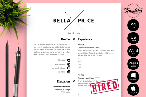 Simple Resume Template for Microsoft Word &amp; Apple Pages // Bella Price CV Design Template