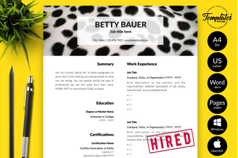 Animal Care Resume Template for Microsoft Word &amp; Apple Pages // Betty Bauer CV Design Template