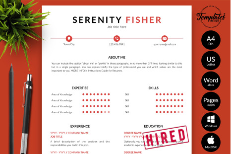 Modern Resume Template for Microsoft Word &amp; Apple Pages // Serenity Fisher CV Design Template
