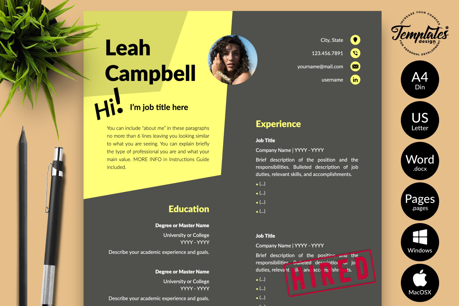 Download Modern Resume Template For Microsoft Word Apple Pages Leah Campbell Cv Design Template In Resume Templates On Yellow Images Creative Store