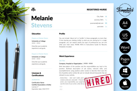 Nurse Resume Template for Microsoft Word &amp; Apple Pages // Melanie Stevens CV Design Template