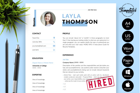 Simple Resume Template for Microsoft Word &amp; Apple Pages // Layla Thompson CV Design Template
