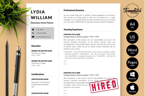 Teacher Resume Template for Microsoft Word &amp; Apple Pages // Lydia William CV Design Template