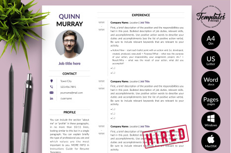 Modern Resume Template for Microsoft Word &amp; Apple Pages // Quinn Murray CV Design Template