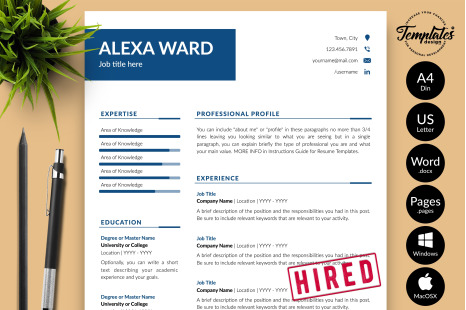 Simple Resume Template for Microsoft Word &amp; Apple Pages // Alexa Ward CV Design Template