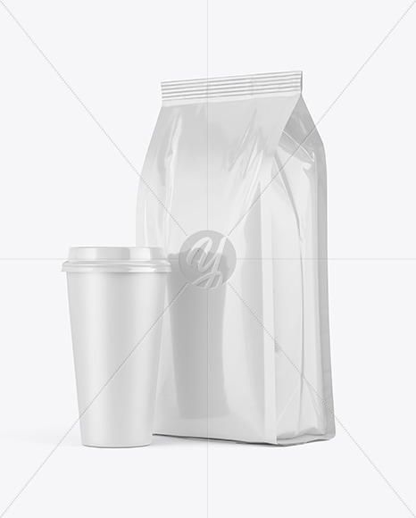 Download Glossy Bag With Coffee Cup Mockup In Bag Sack Mockups On Yellow Images Object Mockups Yellowimages Mockups