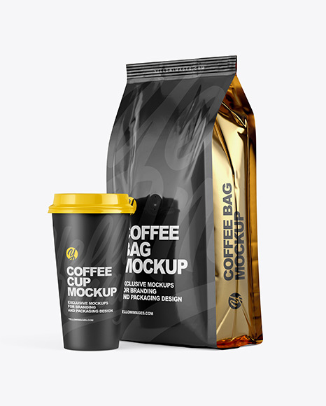 Download Glossy Bag With Coffee Cup Mockup Yellow Author PSD Mockup Templates