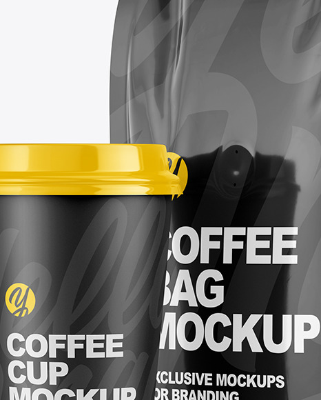 Download Glossy Bag With Coffee Cup Mockup In Bag Sack Mockups On Yellow Images Object Mockups PSD Mockup Templates