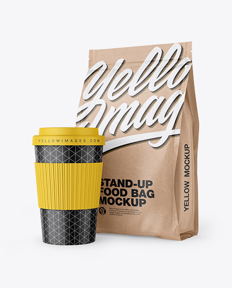 Download Kraft Stand Up Bag With Coffee Cup Mockup In Bag Sack Mockups On Yellow Images Object Mockups