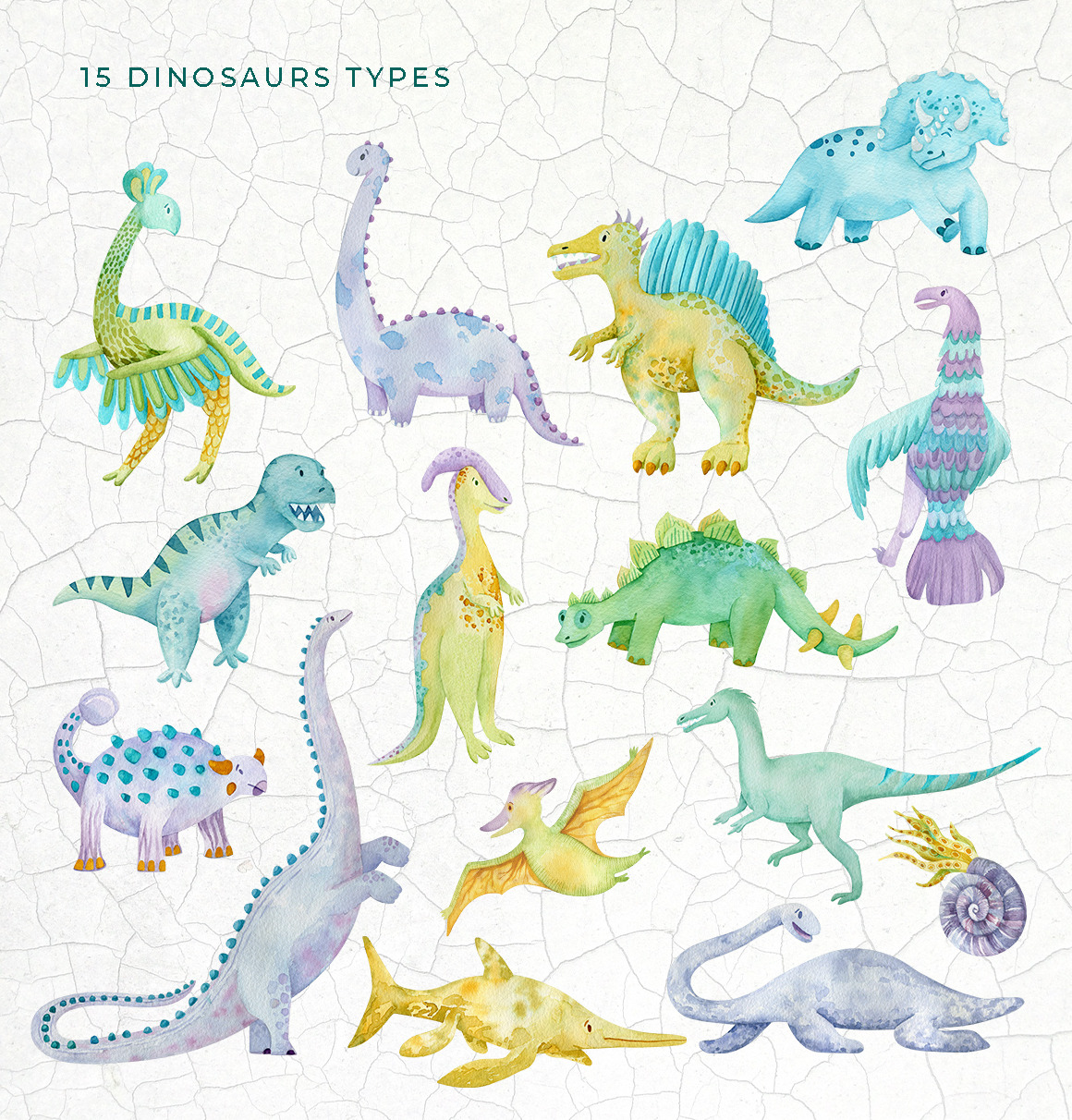 Dinosaur Watercolor Collection on Yellow Images Creative Store