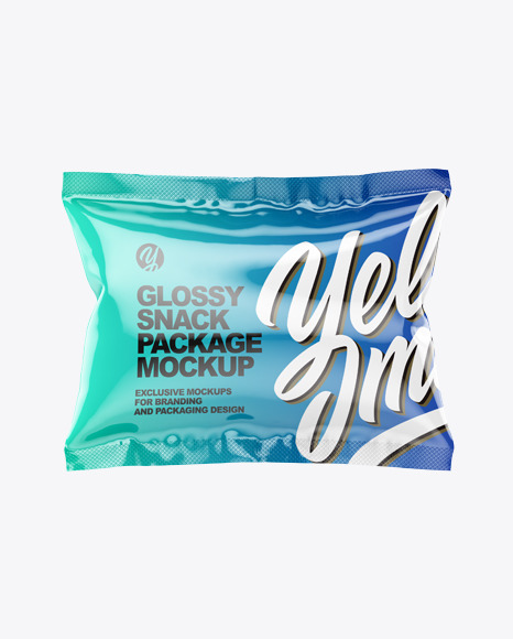 Download Square Glossy Snack Package Mockup In Flow Pack Mockups On Yellow Images Object Mockups