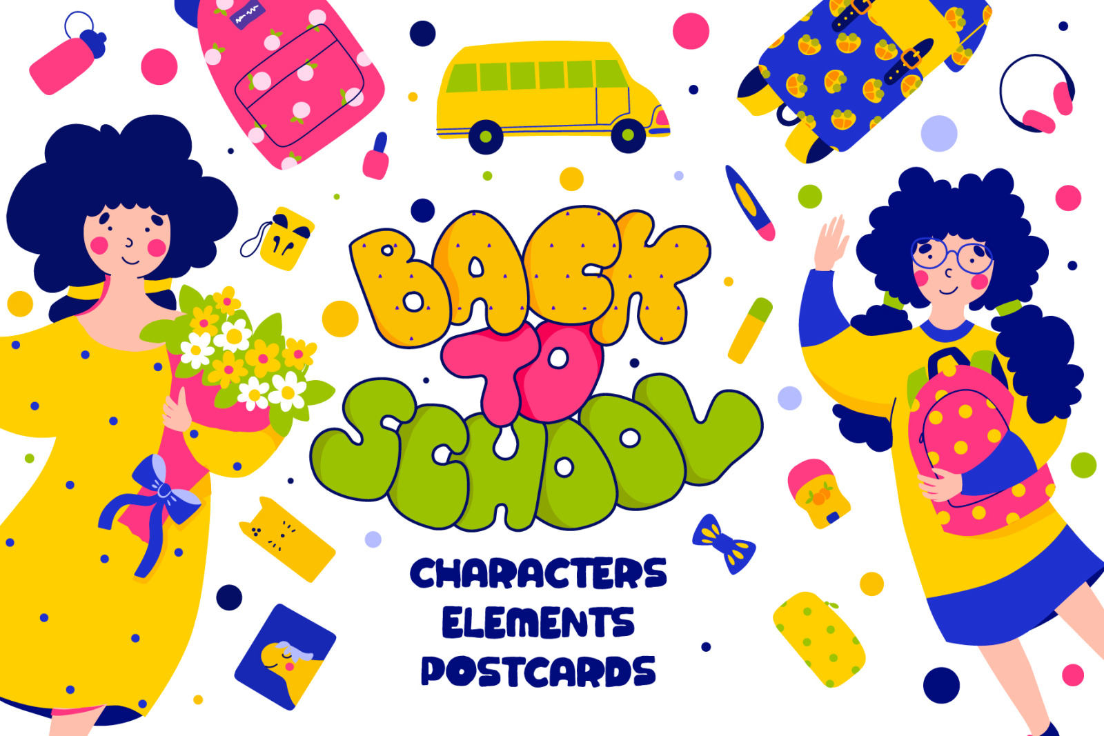 Download Back To School Cute Characters In Illustrations On Yellow Images Creative Store