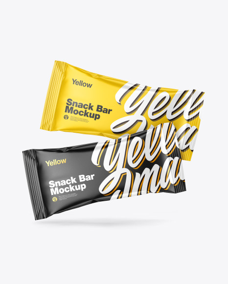 Download Two Glossy Snack Packages Mockup In Flow Pack Mockups On Yellow Images Object Mockups PSD Mockup Templates