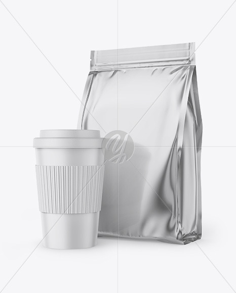 Download Metallic Stand Up Bag With Coffee Cup Mockup In Bag Sack Mockups On Yellow Images Object Mockups PSD Mockup Templates