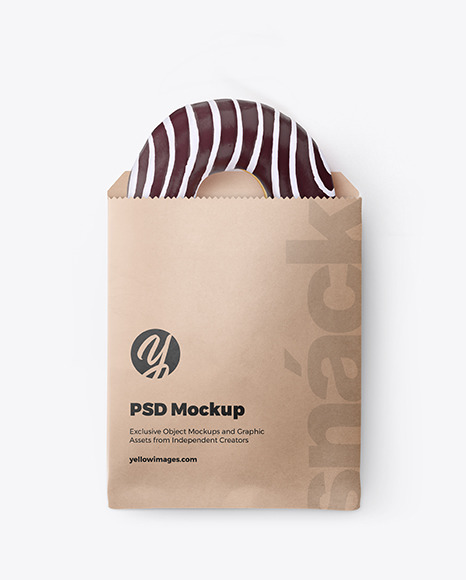 Paper Pack With Chocolate Glazed Donut In Packaging Mockups On Yellow Images Object Mockups