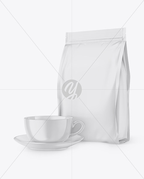 Download Metallic Stand Up Bag With Coffee Mug Mockup In Cup Bowl Mockups On Yellow Images Object Mockups PSD Mockup Templates