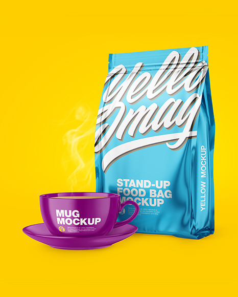 Metallic Stand Up Bag with Coffee Mug Mockup PSD #3