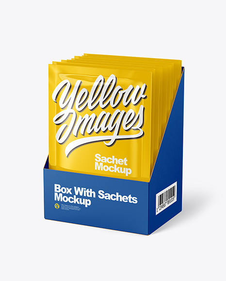 Glossy Sachets In Display Box Mockup In Sachet Mockups On Yellow Images Object Mockups