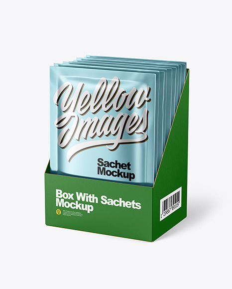 Download Metallic Sachets In Display Box Mockup In Sachet Mockups On Yellow Images Object Mockups